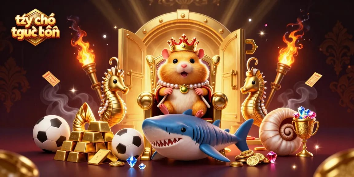 Bet on tỷ số trực tuyến with a golden hamster king surrounded by sports-themed treasures and vibrant colors.