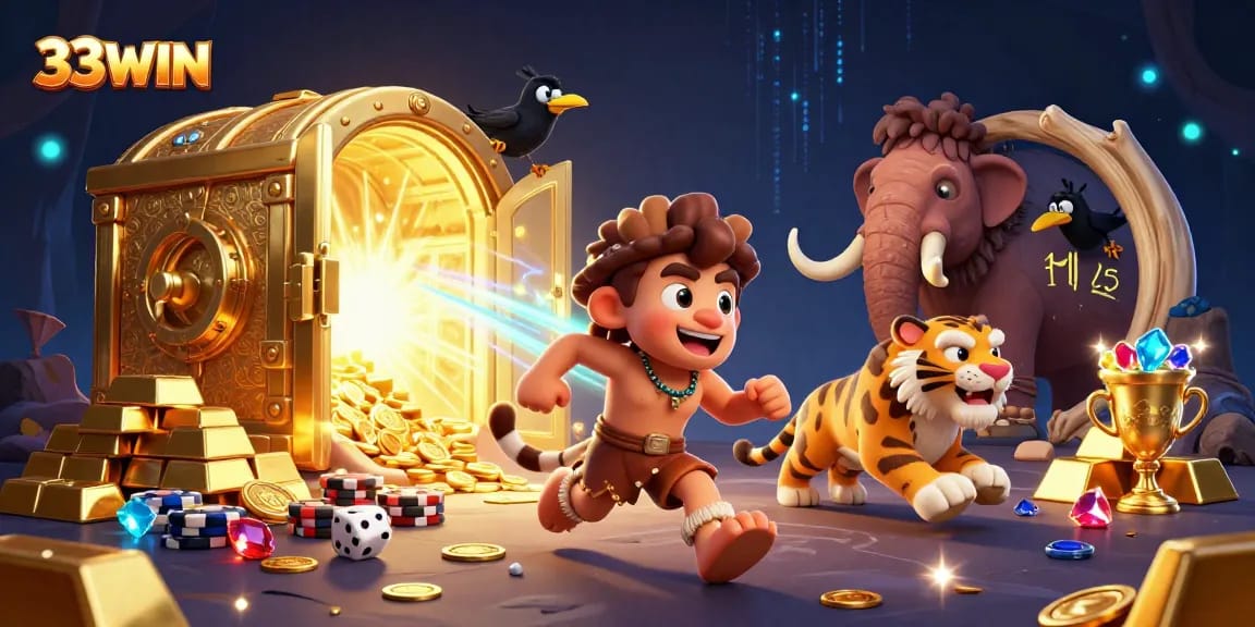 Experience the thrill of 33WIN's vibrant prehistoric casino illustration with unique characters and dynamic elements.