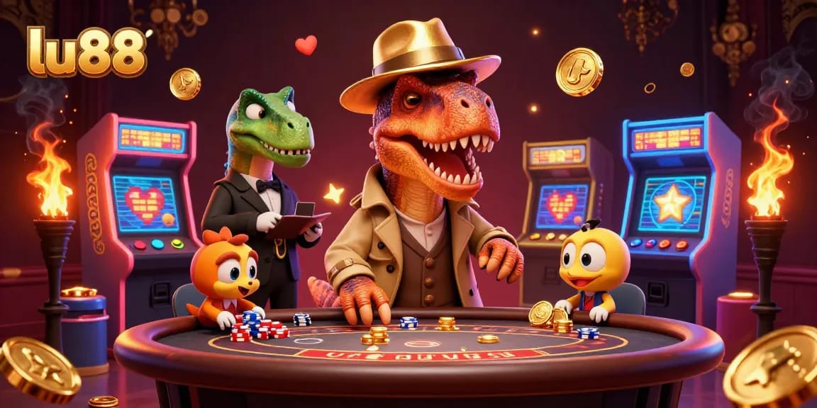 lu88 showcases a dapper velociraptor card counter at a blackjack table amid vibrant casino elements.