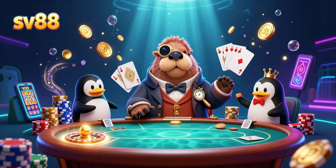 Experience the thrill of sv88 casino games with a jolly walrus and friends at an underwater poker table.