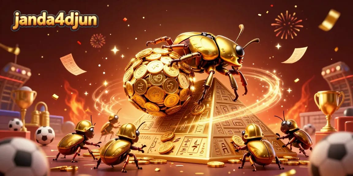 Menangkan taruhan di janda4djun dengan Beetle Emas yang menggulung koin emas di piramida