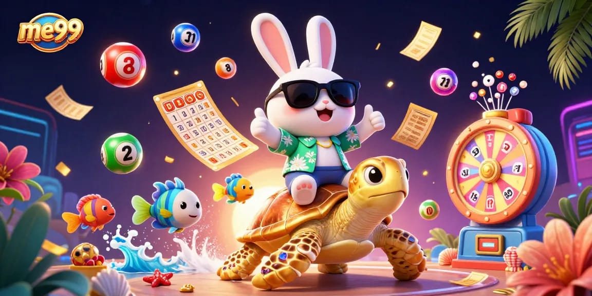 Experience vibrant gaming excitement at me99 with our cartoon rabbit and golden turtle illustration.