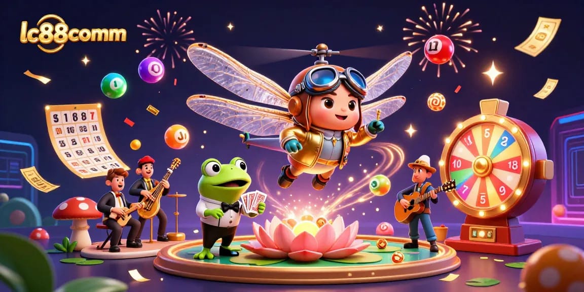Engage in exciting gaming action with lc88comm's vibrant casino scene, featuring dynamic characters and festive elements.