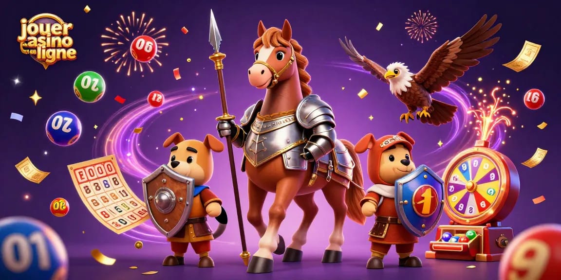 Jouer au casino en ligne dans une scène animée avec des personnages de chevaliers, des balles de loterie.