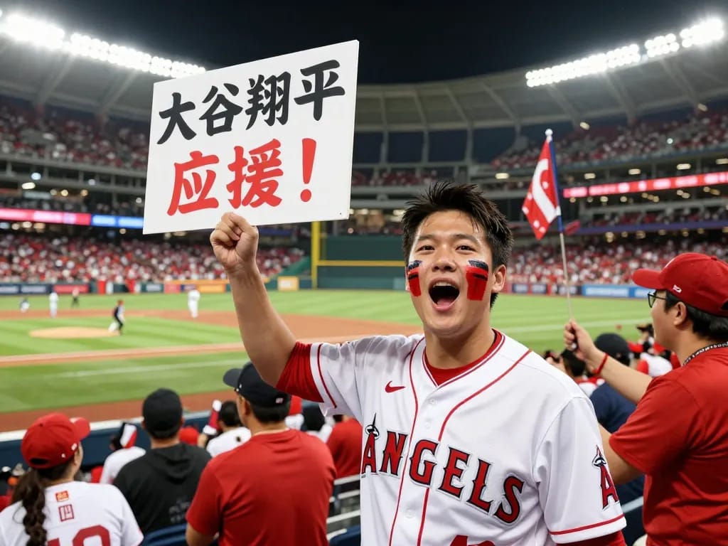 野球の試合で活気あるスタジアムの雰囲気の中で大谷翔平を熱心に応援するファン。