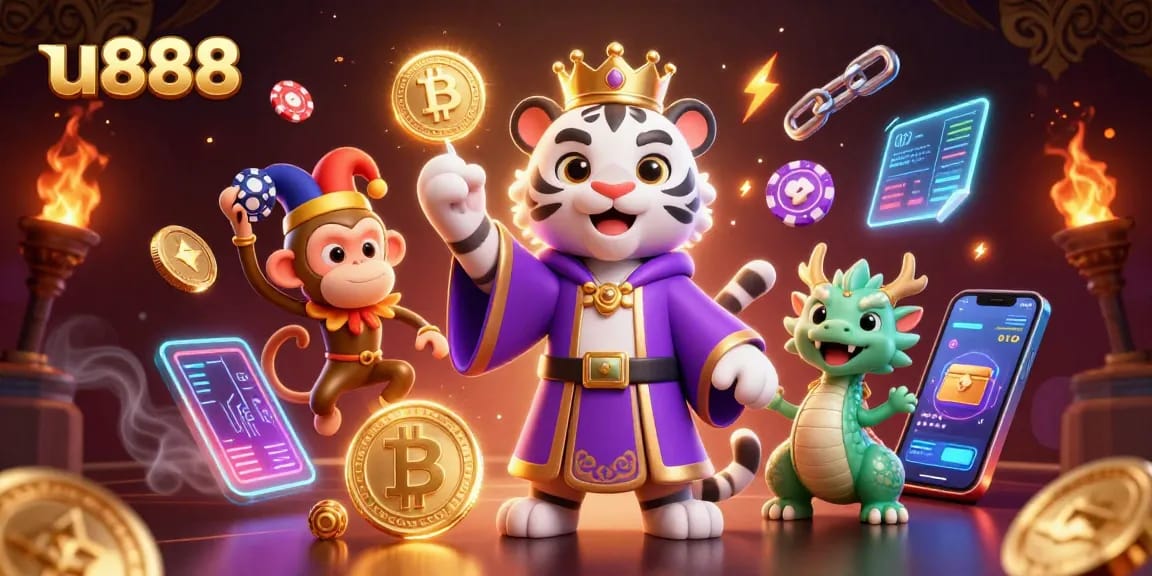 Experience gaming excitement with u888's vibrant illustration featuring a white tiger, playful monkey, and dragon.