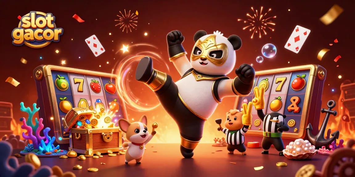 Experience slot gacor excitement with a stunning 3D illustration of a panda wrestler and cheering animal fans in a vibrant casino scene.