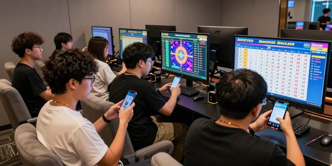 Live gaming experience with players excitedly watching JNETOTO Macau 4D lottery results on a digital screen.
