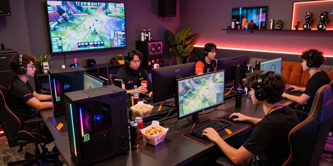 Gaming lounge dengan pemain esports yang fokus pada permainan, menciptakan suasana prediksi permainan yang kompetitif dan menarik.