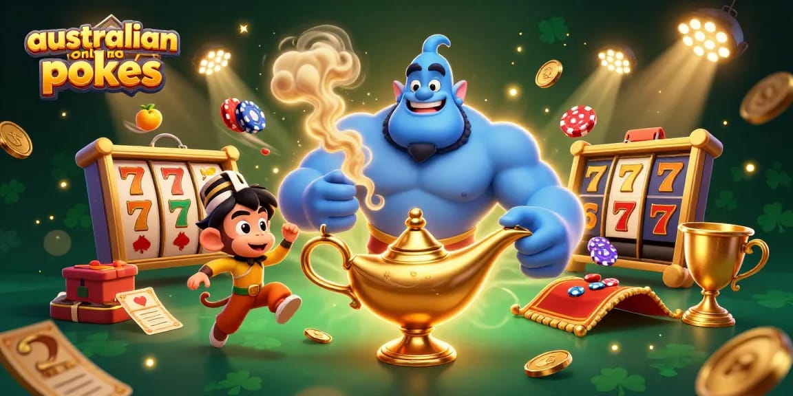 Experience the magic of australian online pokies with dynamic visuals of a genie, monkey, and gaming elements.