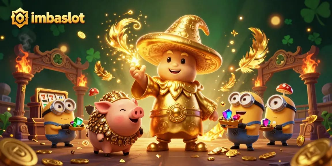 Engage with imbaslot as a golden mushroom wizard conjures winning slots in a vibrant atmosphere.