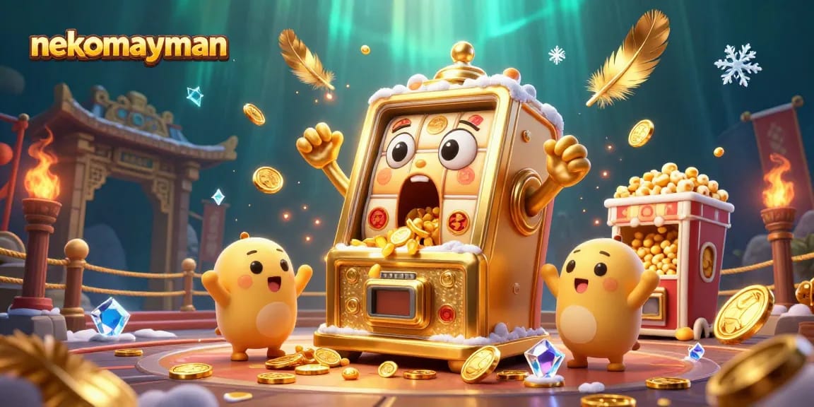 Experience the thrill of nekomayman with a golden slot machine hitting a jackpot, surrounded by cheering machines and festive elements.