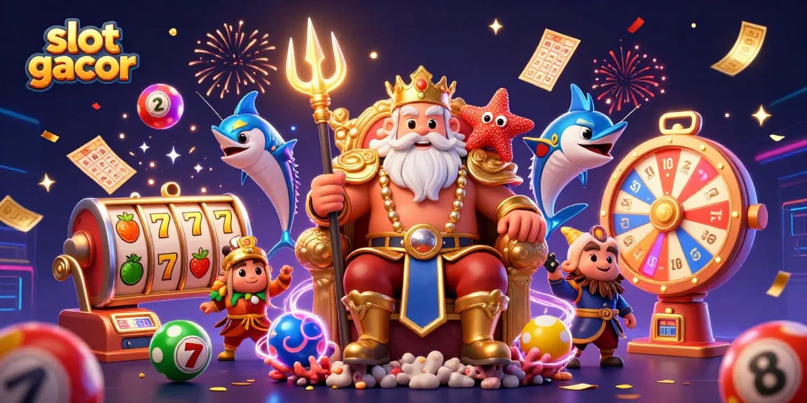 Slot gacor memberikan momen seru dengan simbol buah dan angka berwarna-warni dalam ilustrasi kasino.