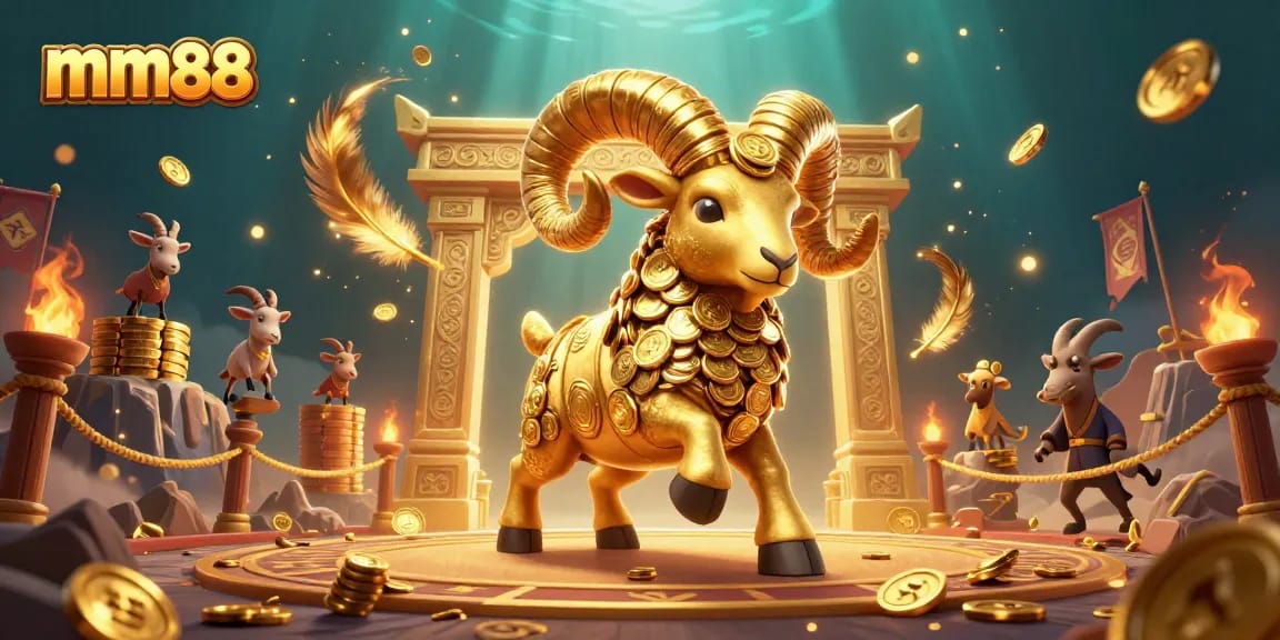 Experience the thrill of mm88 with a dynamic golden ram illustration charging into a vibrant casino scene.