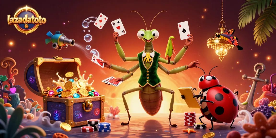 Lazadatoto delights players with a vibrant casino experience featuring a giant mantis card sharp and charming ladybug pit boss.