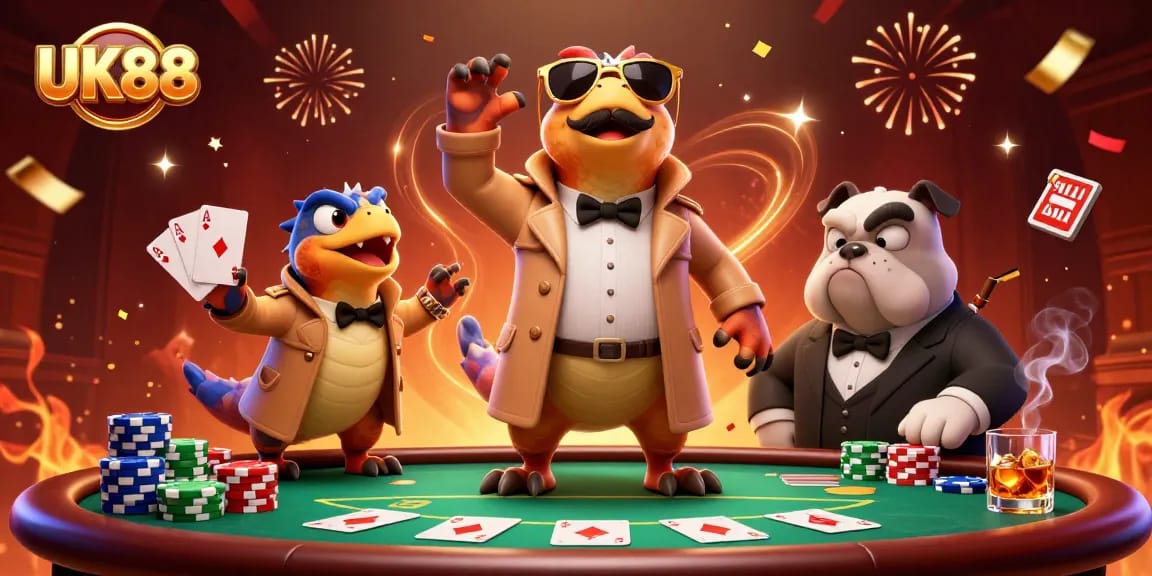 Three raptors in a trench coat humorously attempt entry to VIP casino lounge while showcasing UK88 gaming excitement.