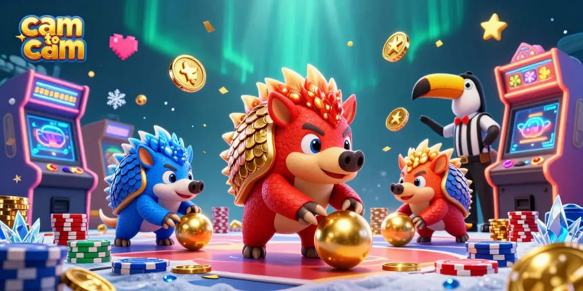 Engage in exhilarating cam to cam gaming with lively pangolins amidst colorful casino elements.