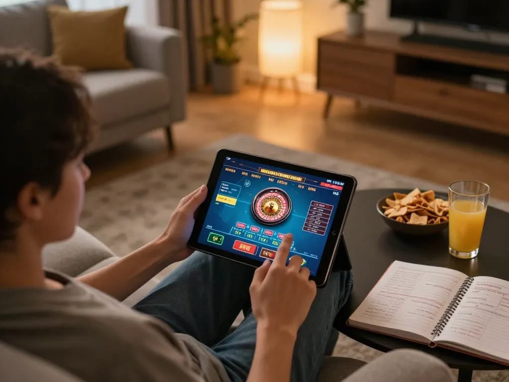 Engaging in luck8 online gambling while enjoying a cozy home setting with live roulette.