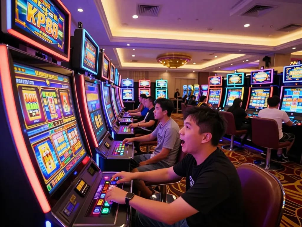 Engaged player hitting spin button on slot machine at KP88 com casino, vibrant casino atmosphere.