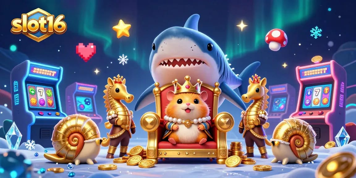 Engage with slot16 through an illustration of a golden hamster king in a dynamic casino scene.