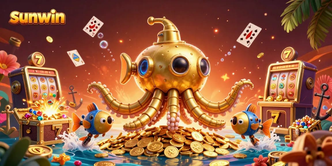 Experience the excitement of sunwin casino with a vibrant, 3D treasure adventure highlighting slots and big wins.