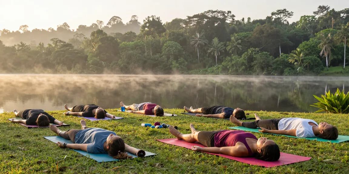 Yoga retreat Sri Lanka attendees practicing synergy vinyasa yoga by Koggala Lake at sunrise.