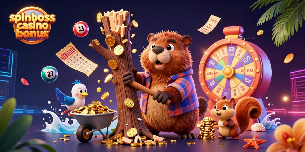 Jouez au bonus du casino SpinBoss avec un castor, un oiseau et un écureuil amassant des pièces d'or.
