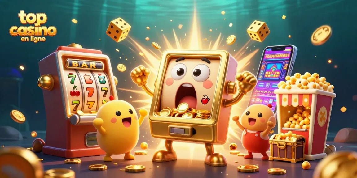 Jouer au top casino en ligne, cette illustration colorée montre des machines à sous et des gains.
