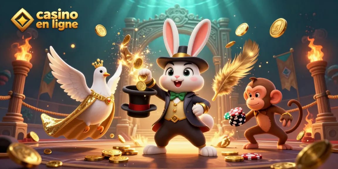 Jouez au casino en ligne avec un magicien, une colombe et un singe collectionnant des jetons.