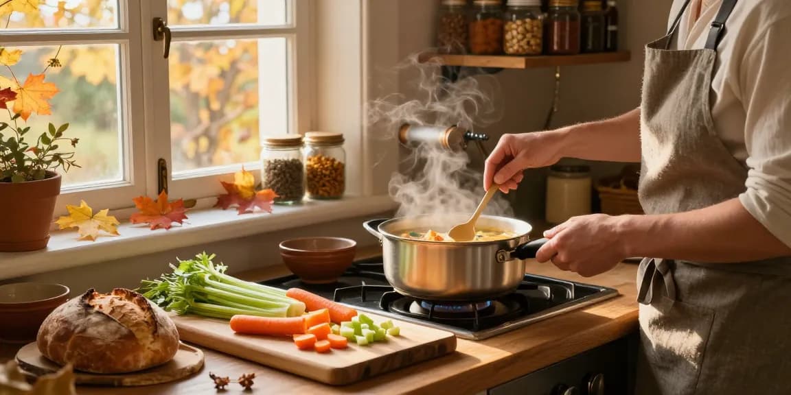 Hausgemachte Klare Suppe, die in einer rustikalen Küche mit frischen Zutaten des Herbstes köchelt.