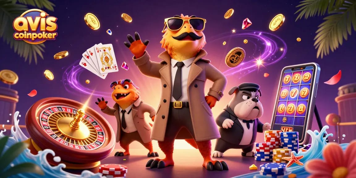 Découvrez les avis CoinPoker en visualisant une scène dynamique dans le casino avec des raptors en trench coat.
