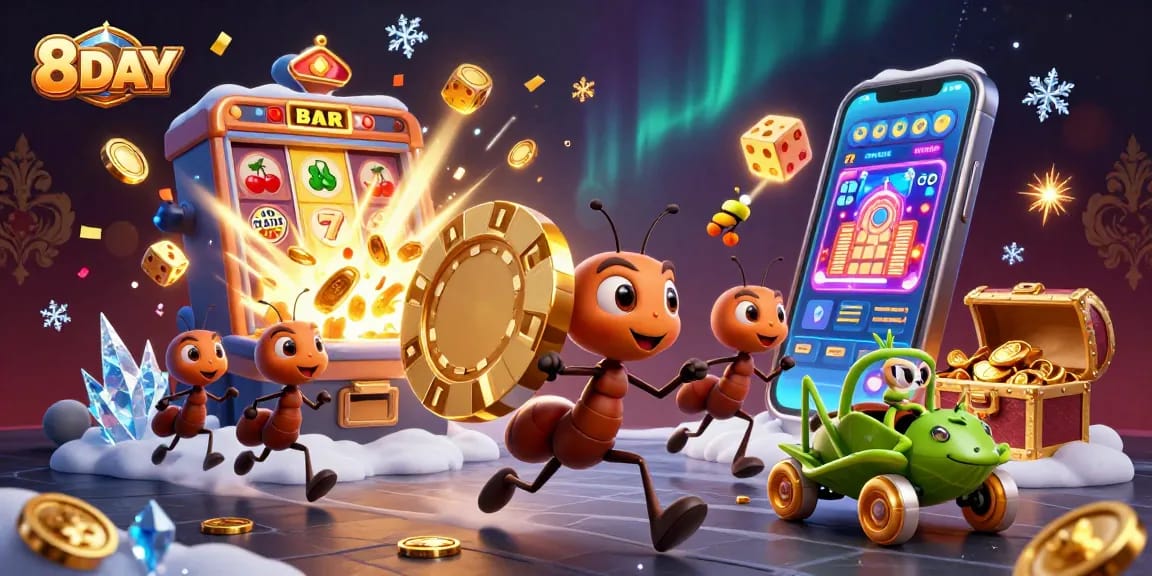 8DAY showcases a vibrant casino scene featuring ants carrying a massive poker chip amidst casino elements and jackpots.