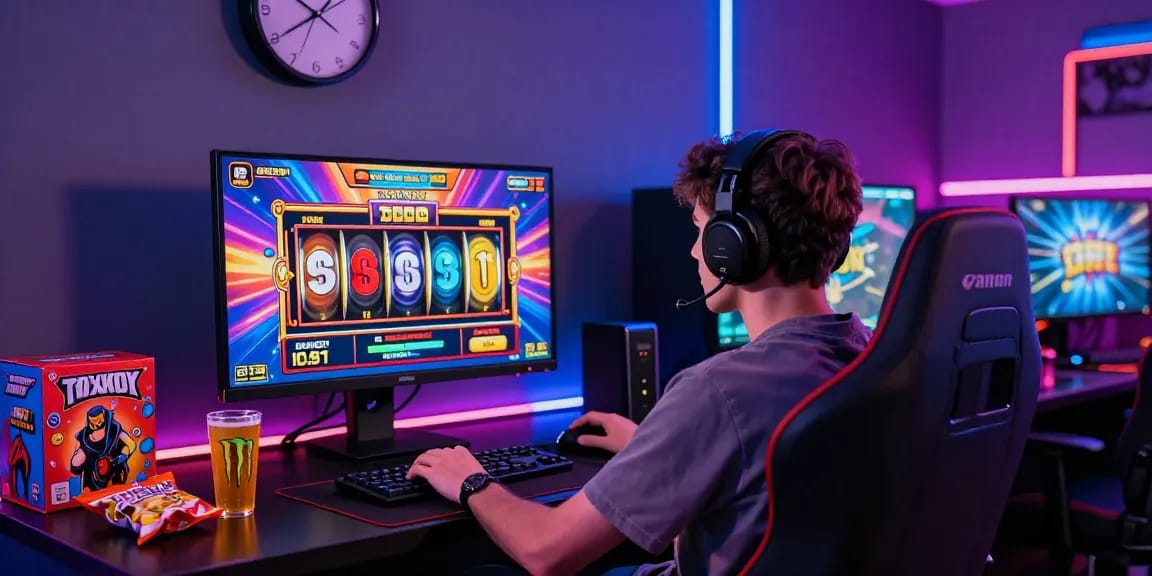 Player immersed in a slot game on a modern screen, highlighting slot deposit 1000 promotions and vibrant gaming atmosphere.