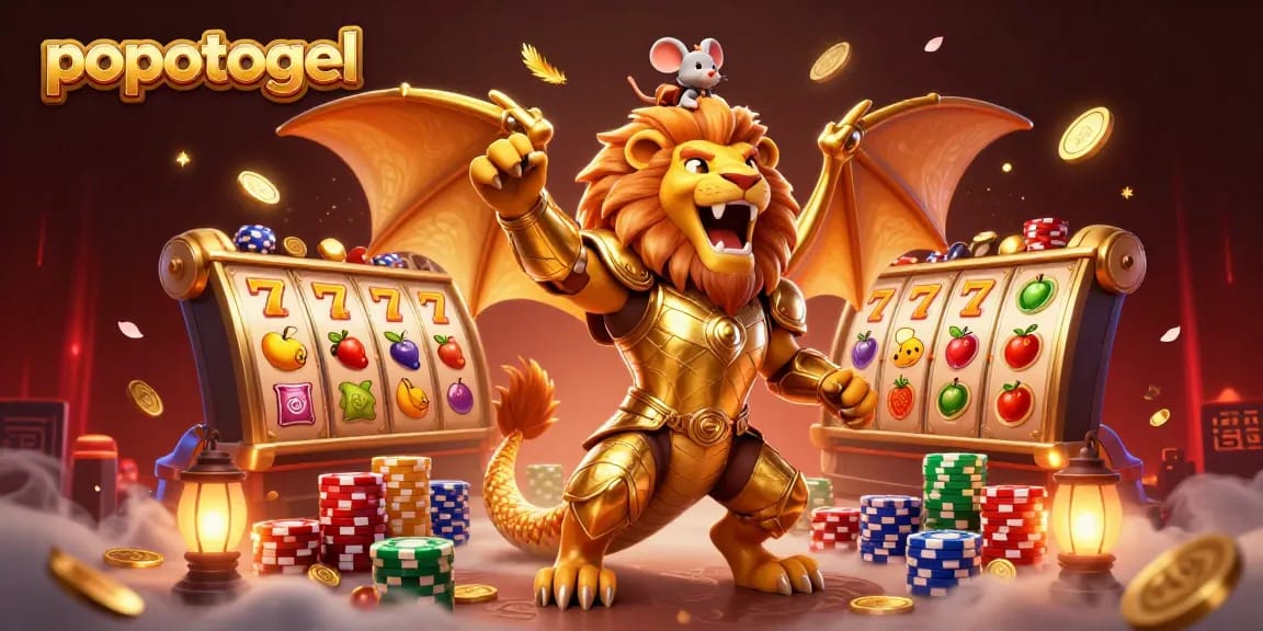 Experience thrilling gameplay with popotogel's dynamic casino scene featuring vibrant slot reels.
