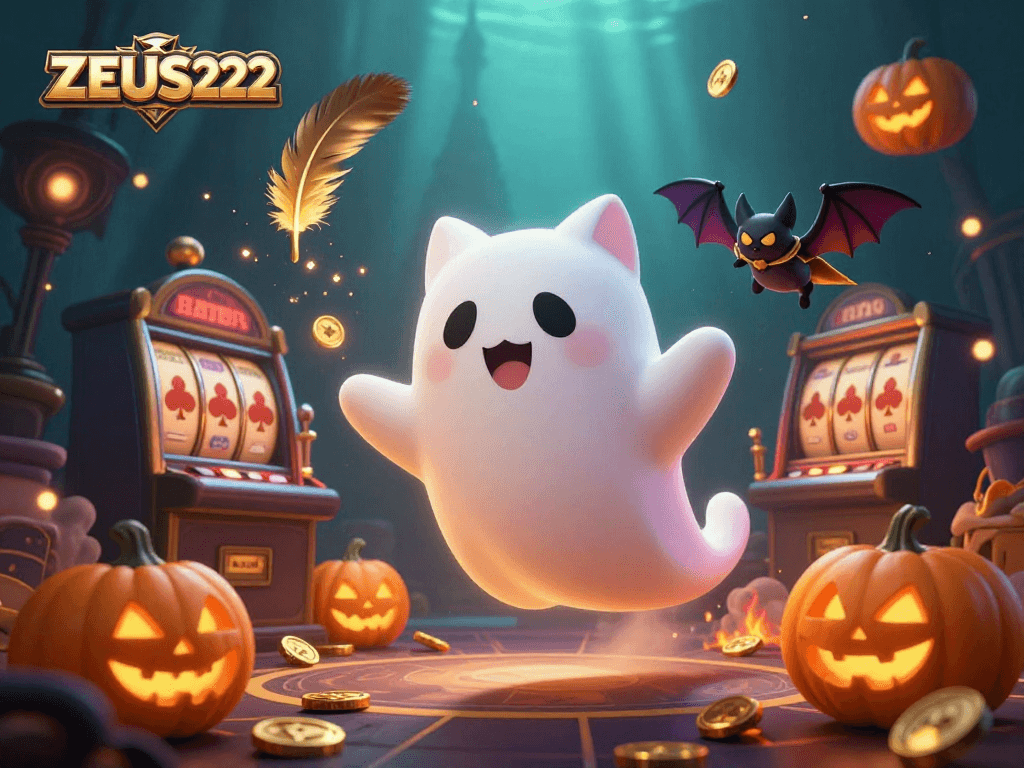 Engage with ZEUS222 in an immersive haunted casino featuring a friendly ghost cat and vibrant game elements.