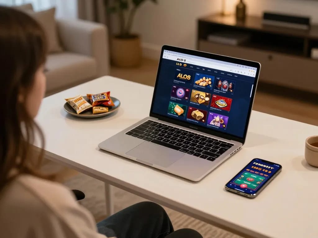 Engaging ALO8 online casino setup with laptop and smartphone displaying live games