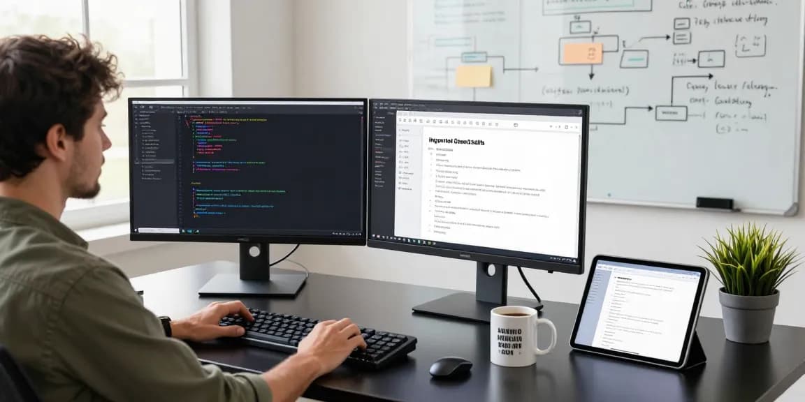 Developer configuring openclaw skills at a modern workspace with dual monitors, coffee, and green plants.
