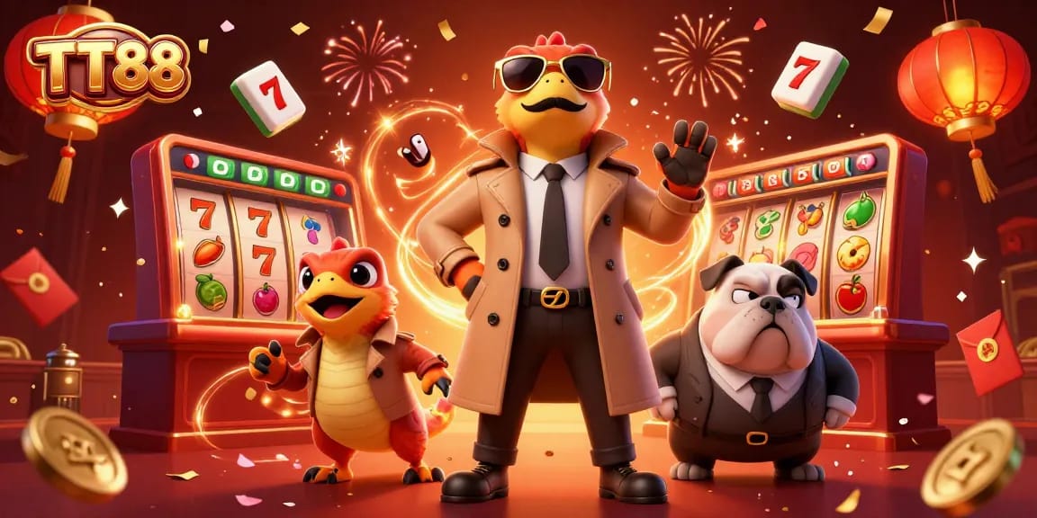 Experience the thrilling TT88 casino ambiance with playful raptors trying to enter VIP areas surrounded by vibrant slot game elements.