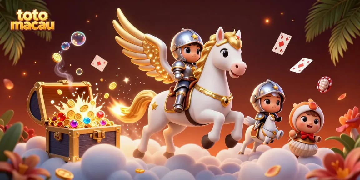 Permainan toto macau menampilkan karakter berkuda yang megah dikelilingi chip poker dan kartu, menciptakan suasana menarik.