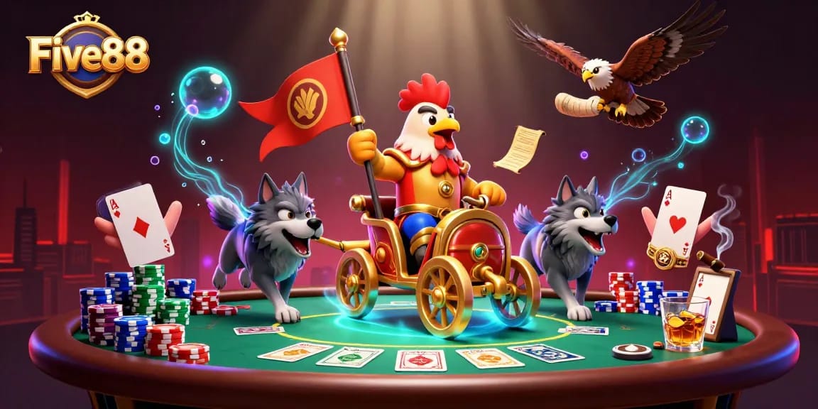 Five88 game players enjoy poker tables surrounded by colorful chips and a fabulous 3D scene.