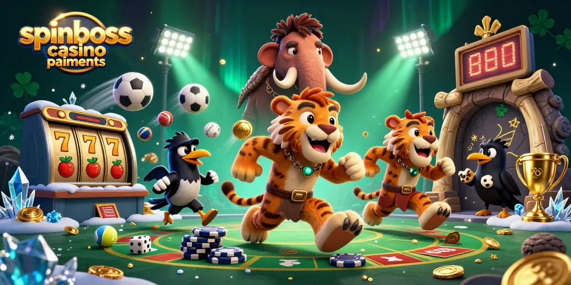 Découvrez les options de paiements de spinboss casino avec des personnages dynamiques au casino préhistorique.