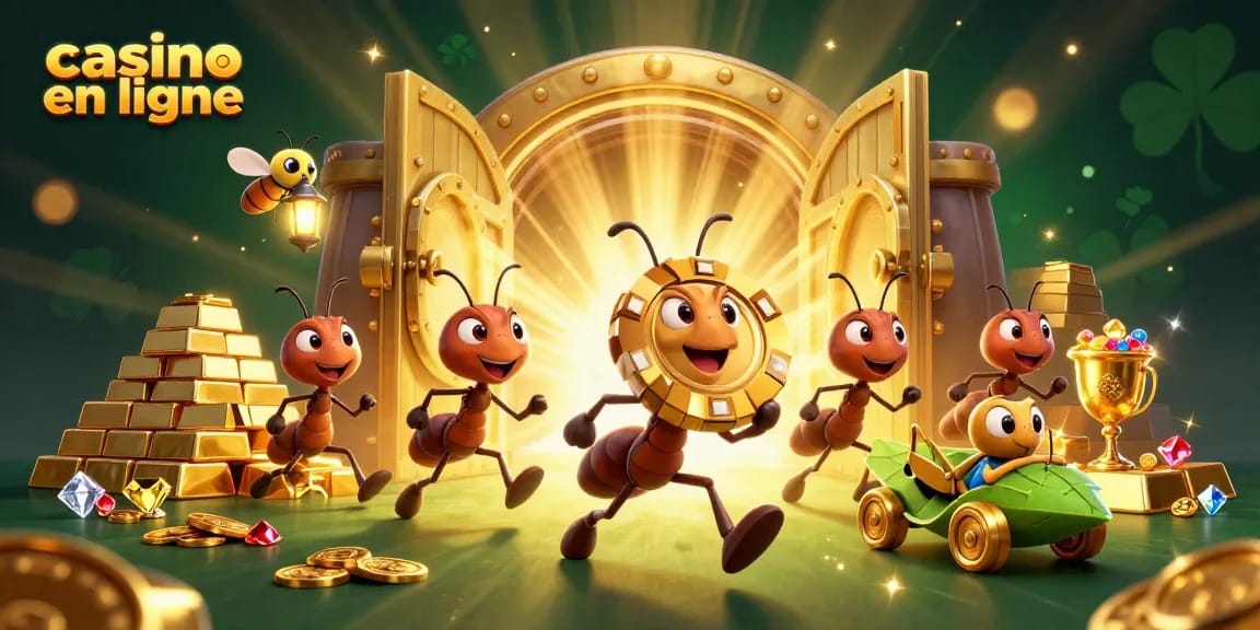 Les fourmis du casino en ligne transportent une puce en or dans un tunnel, illustrant l'excitation du jeu.