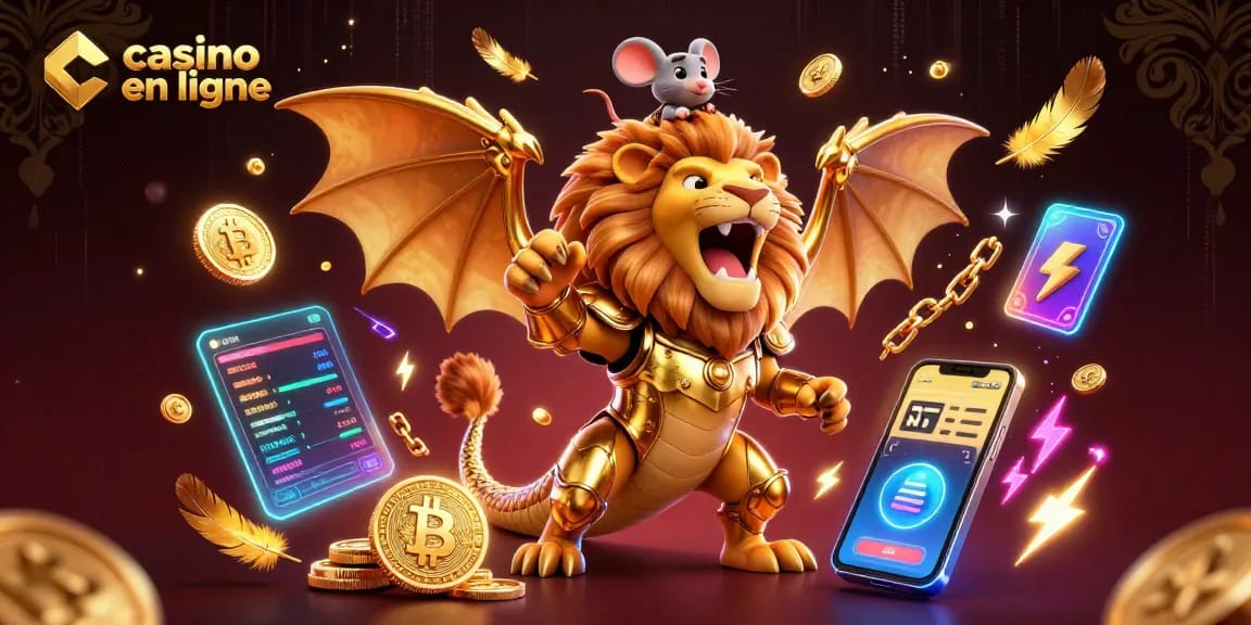 Jouez à des jeux de casino en ligne avec notre chimère héroïque et des éléments de crypto-monnaie scintillants.