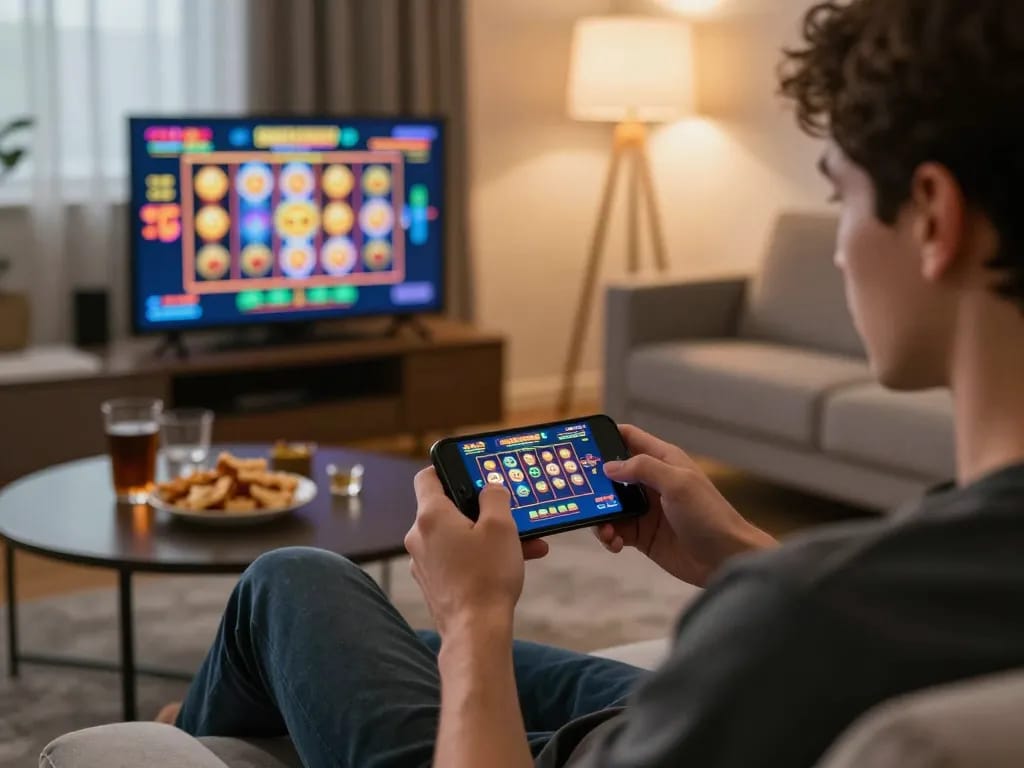 Player enjoying okwin slot games on mobile phone surrounded by snacks and warm lighting.