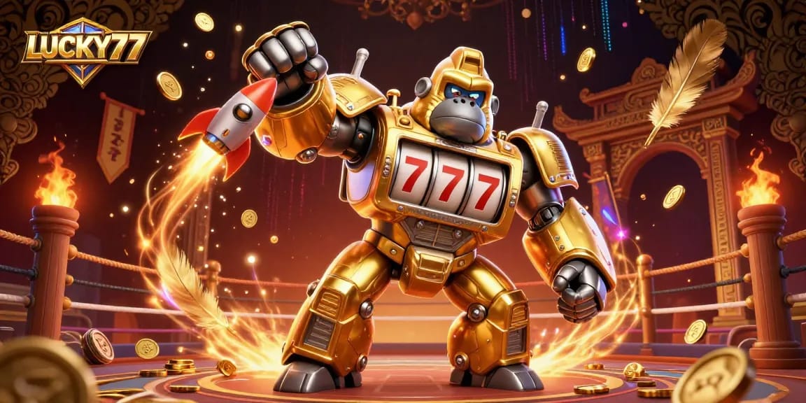Engage with LUCKY77 and explore thrilling 3D casino battles featuring a golden gorilla mech.