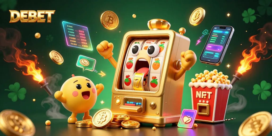 Experience the DEBET jackpot moment with a lively slot machine and vibrant crypto elements.