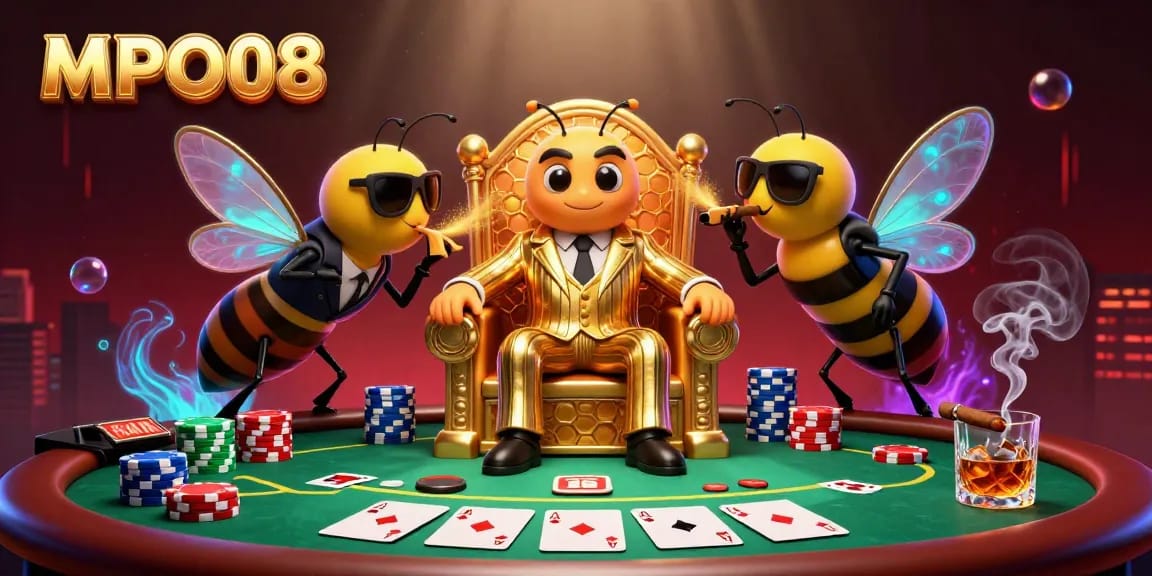 MPO08 enhances gambling excitement with a cartoon mob boss, poker elements, and vibrant atmosphere.