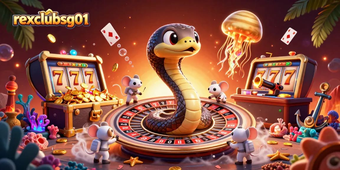Spin the reels with rexclubsg01's vibrant tropical casino scene featuring lucky slot symbols and astronaut mice.