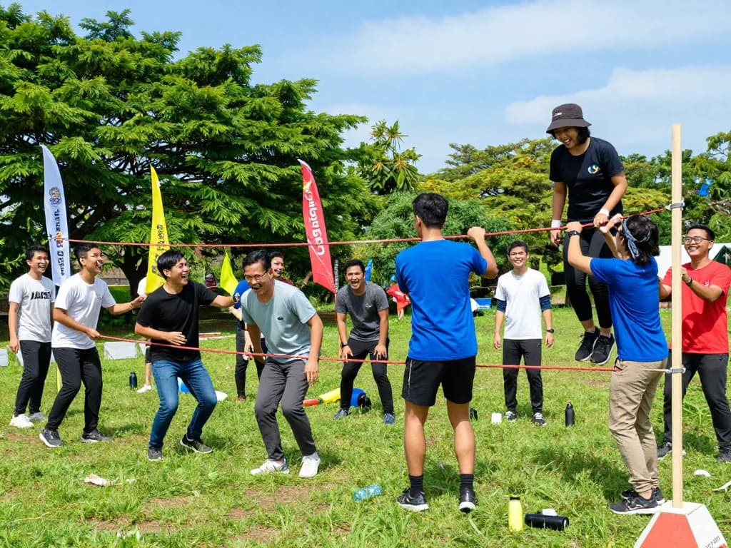 Aktivitas Team Building Jogja yang menarik dengan berbagai peserta yang terlibat dalam kursus rintangan luar ruangan.