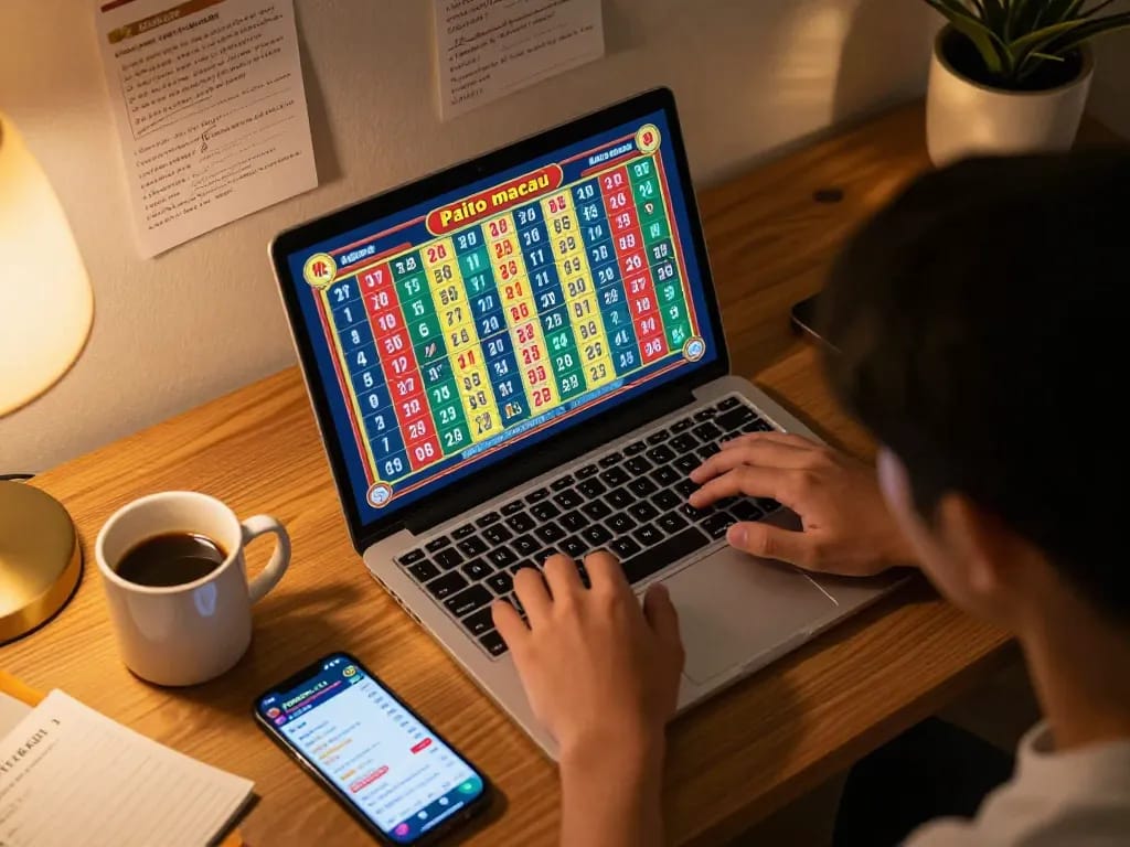 Paito macau user engaged in live online lottery draw showcasing vibrant number displays.